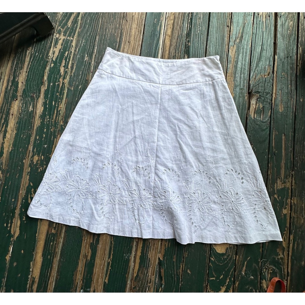 Kim Rogers Signature White Linen Blend Floral Eyelet Embroidered A-Line Skirt 10